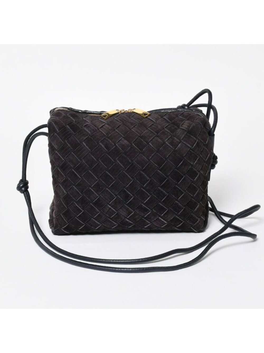 Bottega Veneta Shoulder Bag Leather Suede Intrecciato Black Gold
